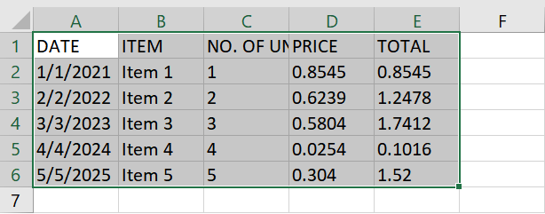 Sample output after pasting the cells as values