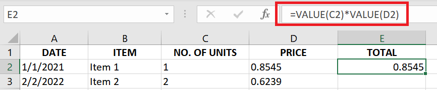 Sample formula using the VALUE() function to convert cells in text format