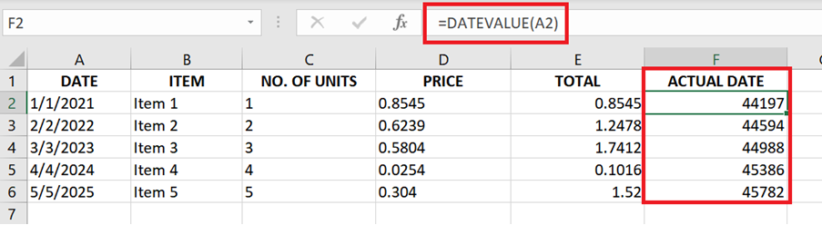 Sample formula using the DATEVALUE() function to convert cell in text format