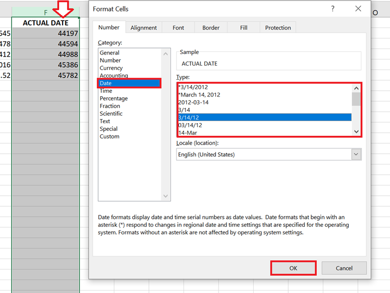 From the Format Cells menu, select the appropriate date format and click OK.