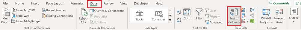 Steps to access Text to Columns option