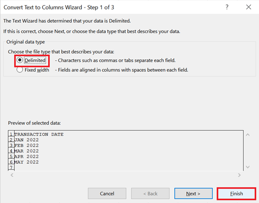 From the Convert Text to Columns Wizard, select Delimited and click Finish.