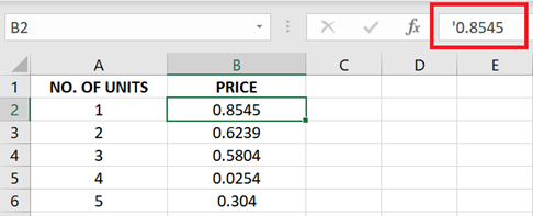 Example of cells containing numbers and leading apostrophes