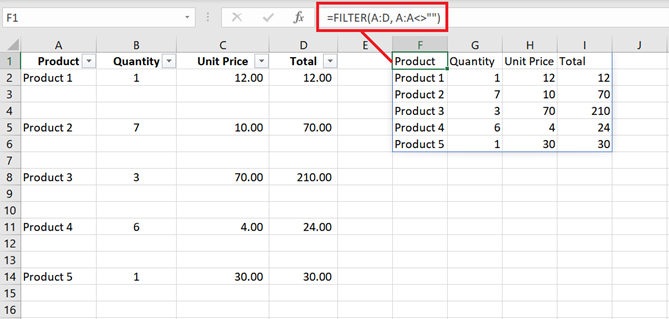 Add the FILTER() formula to one of the cells. 