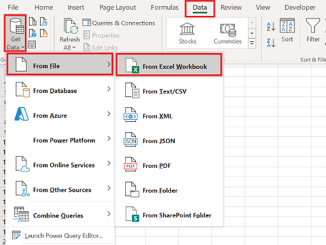 Go to Data >> Get Data >> From File >> From Excel Workbook. 