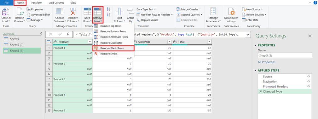 Once the Power Query Editor appears, click on Remove Rows >> Remove Blank Rows. 