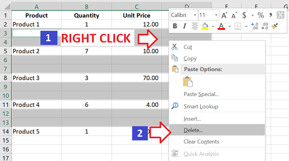 Right-click on one of the highlighted cells and select Delete.