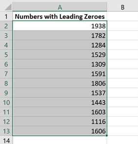 Sample output after using the Paste Special option to remove leading zeroes.