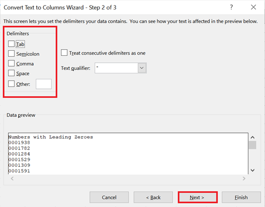 In the Text to Columns wizard, uncheck all "Delimiters" checkboxes.