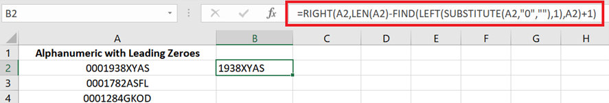 Add formula to remove leading zeroes from a cell with alphanumeric characters.