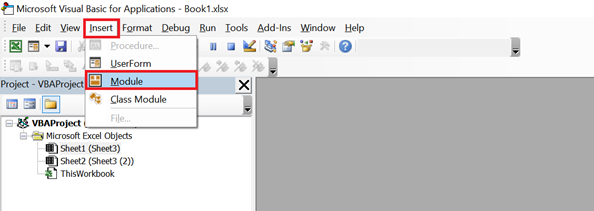 Steps to insert a new module in the VBA Editor.