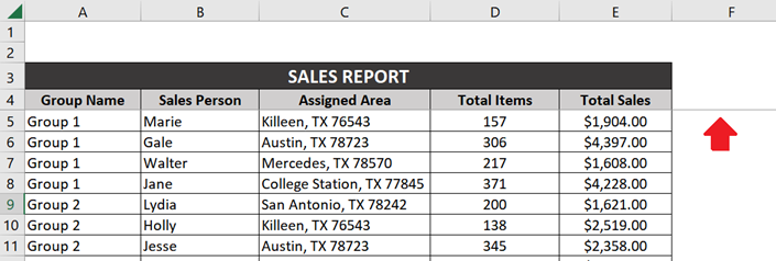 Sample output after freezing multiple rows in Excel