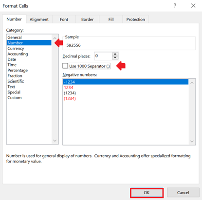 Steps to set cell's number format to 'Number' with the comma removed