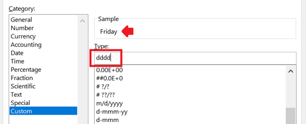 As you enter the custom number formatting, Excel shows the sample output on top of it.