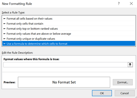 From the list of Rule Types, select "Use a formula to determine which cells to format".