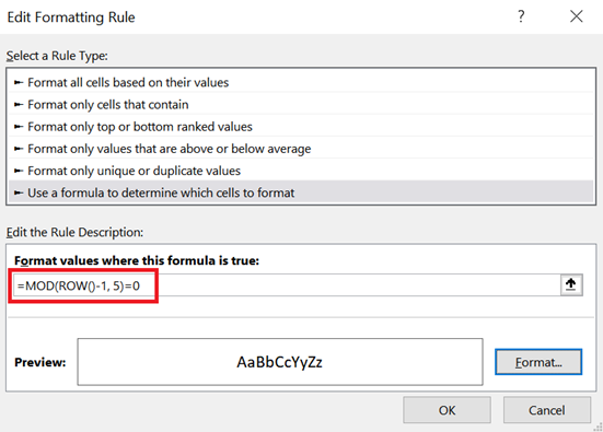 Add the formula in the "Format values where this formula is true" textbox. 
