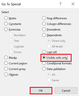 In the Go To Special menu, select Visible cells only and click OK. 
