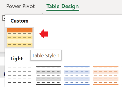 The table style that you have previously added will appear in the list of Table Designs. 