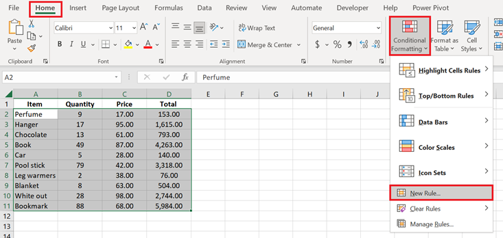 Steps to create a new conditional formatting rule. 