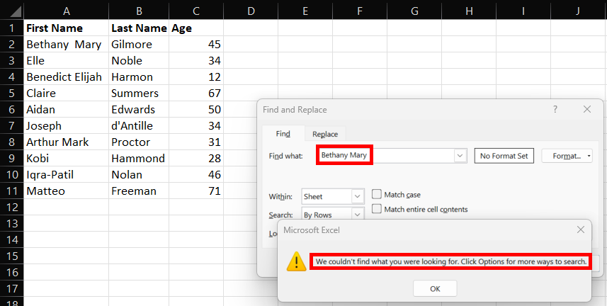 Match not found due to spaces within cell