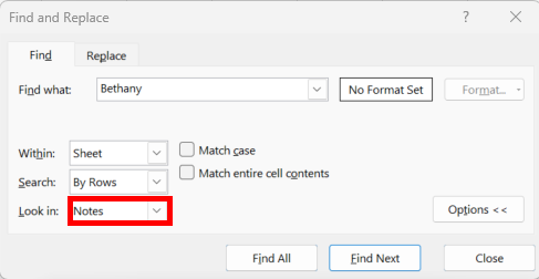 The find tool looks in Notes