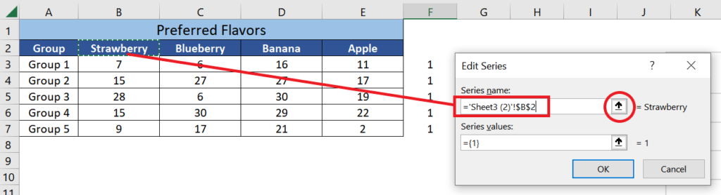 From the Edit Series menu, click the arrow button next to the Series Name. Select the cell containing the header of the first column you want to plot and click OK. 