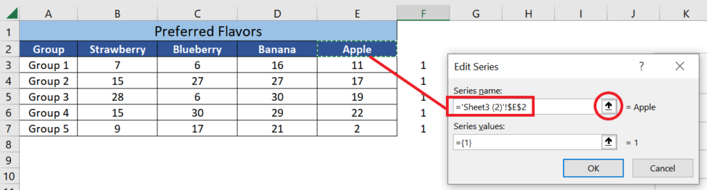 From the Edit Series menu, click the arrow button next to the Series Name. Select the cell containing the header of the first column you want to plot and click OK. 