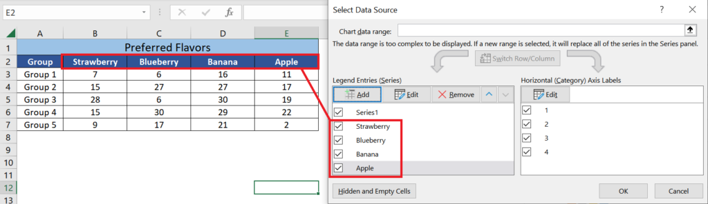 Example of what the Select Data Source menu will look like after adding the Data Series. 