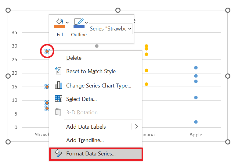 Right-click on one of the dots of the data series you want to resize and select Format Data Series. 