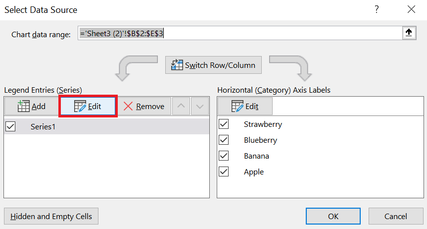 From the Select Data Source menu, click on the Edit button under the Legend Entries (Series) section. 