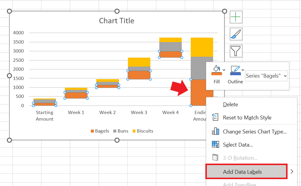 Right-click on one of the data series in the chart and select "Add Data Labels". 