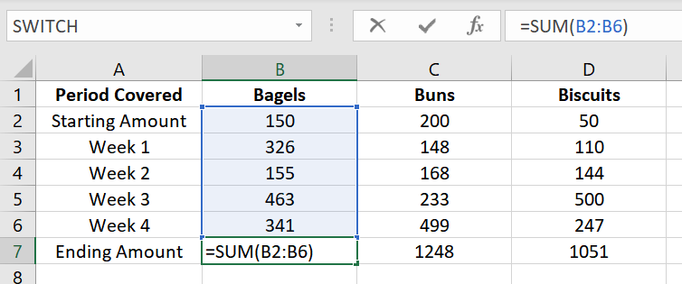 Add a formula to the ending amount row to get the total from the starting amount row up to the last data row. 