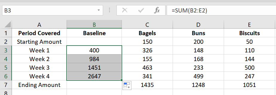 Add the formula to all rows of the Baseline column except for the starting amount and ending amount rows. 