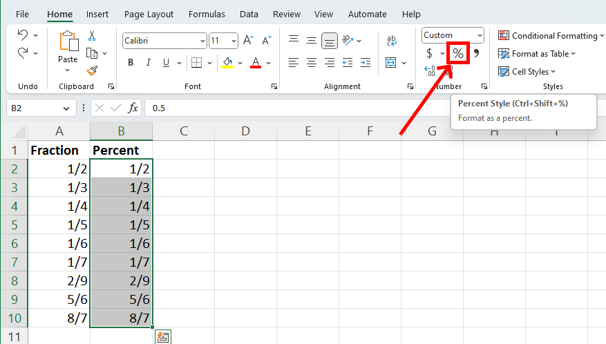Click on Percent style to convert fractions