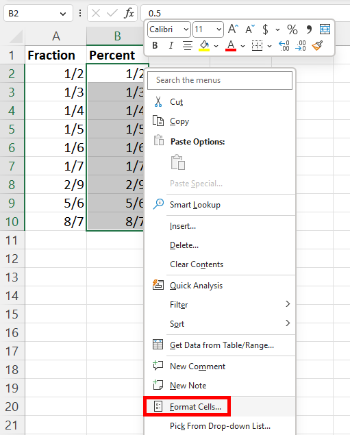Open format cells dialog box to convert to percentage