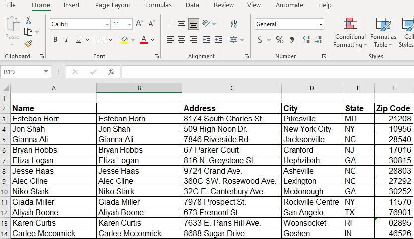 Image showing a new column in Excel with the same data as the previous column.