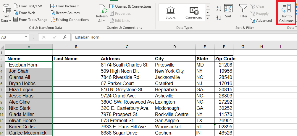 Image showing the Text to Columns option highlighted in Excel.