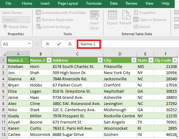Image showing Power Query table in Excel with Name.1 field to be changed.