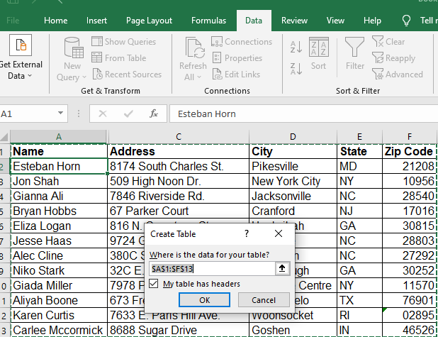 Image showing the Create Table Dialog Box for Power Query in Excel.
