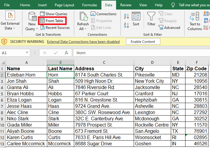 Image showing From Table in the Get and Transform group in Excel.