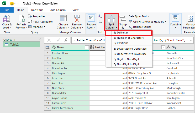 Image showing the Split Columns by Delimiter task in Power Query.