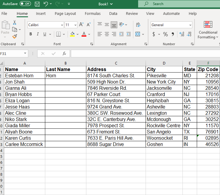 Image showing a worksheet table in Excel.