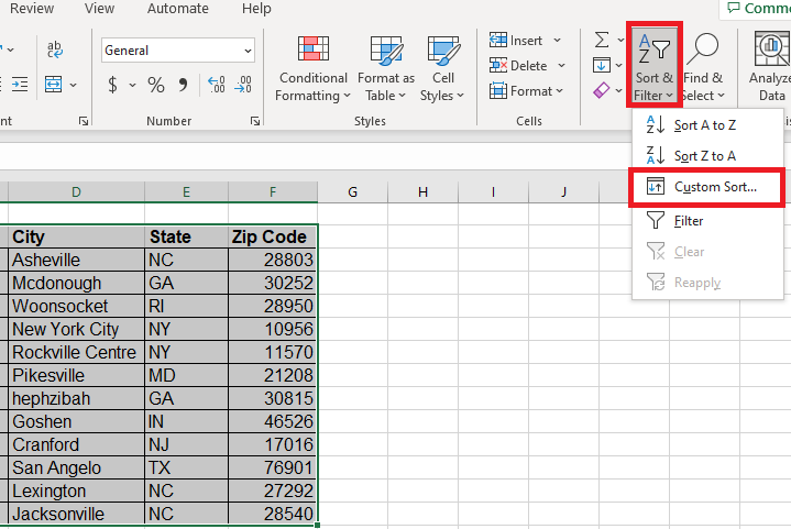 Image showing the Custom Sort Option in Excel.