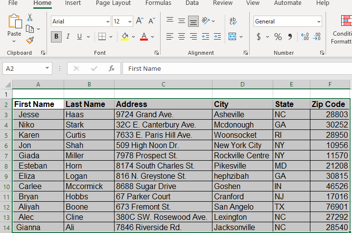 Table of data highlighted in Excel.