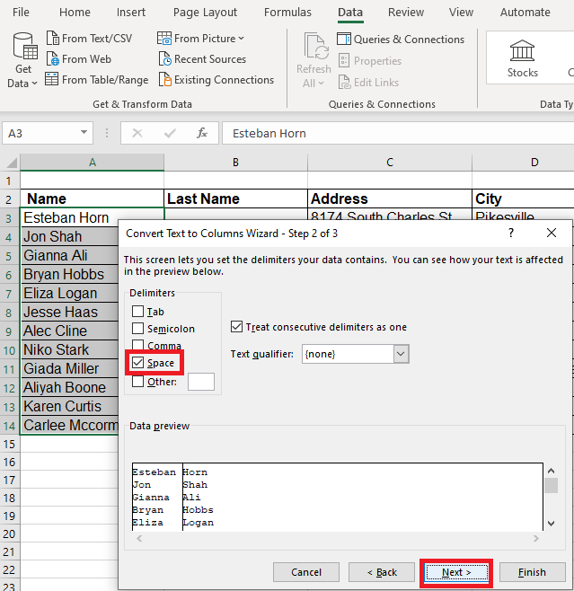 Image showing the Text to Columns Dialog Box with a Space as a delimiter.