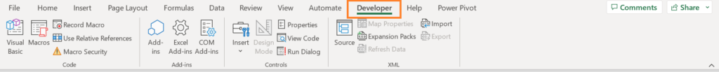 Developer tab highlighted in the Excel ribbon.