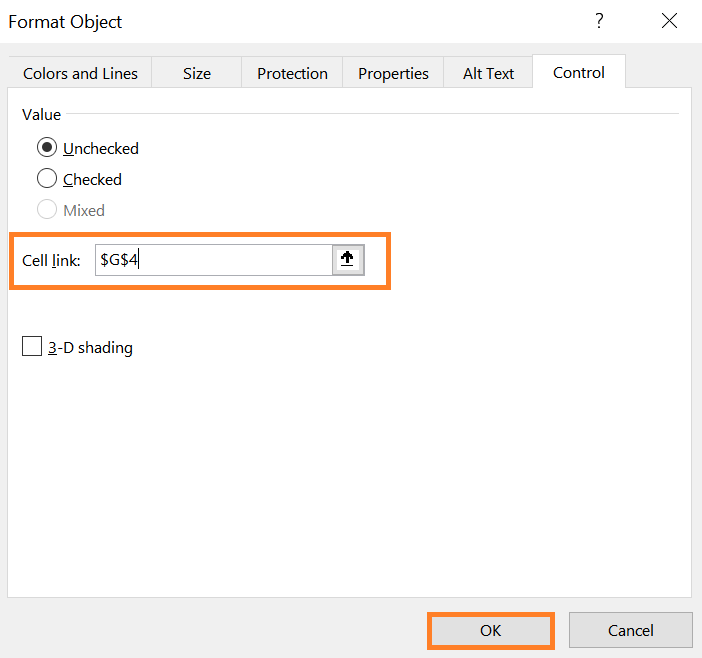 Example of what happens to the Format Object menu once the Cell Link is selected. 