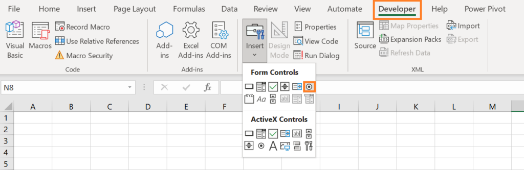 Steps to insert an Option Button Form Control.