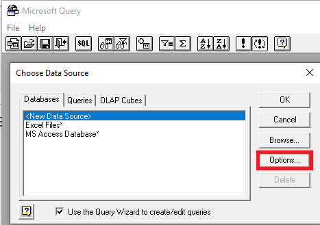 Image showing the Choose Data Source dialog box with the Options button highlighted.