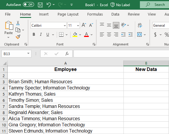 Image showing the original Employee Data with an additional column called New Data for the TEXTBEFORE Formula.